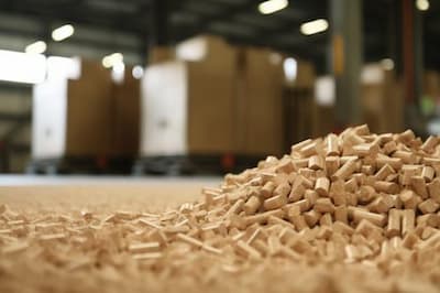 Holzpellets in einer Lagerhalle